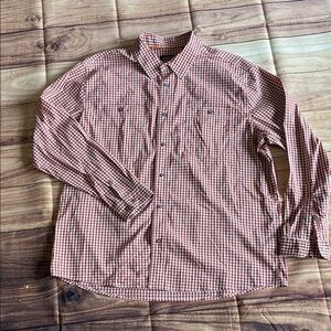 Orvis Men's burgundy and White Checkered Button Down Shirt